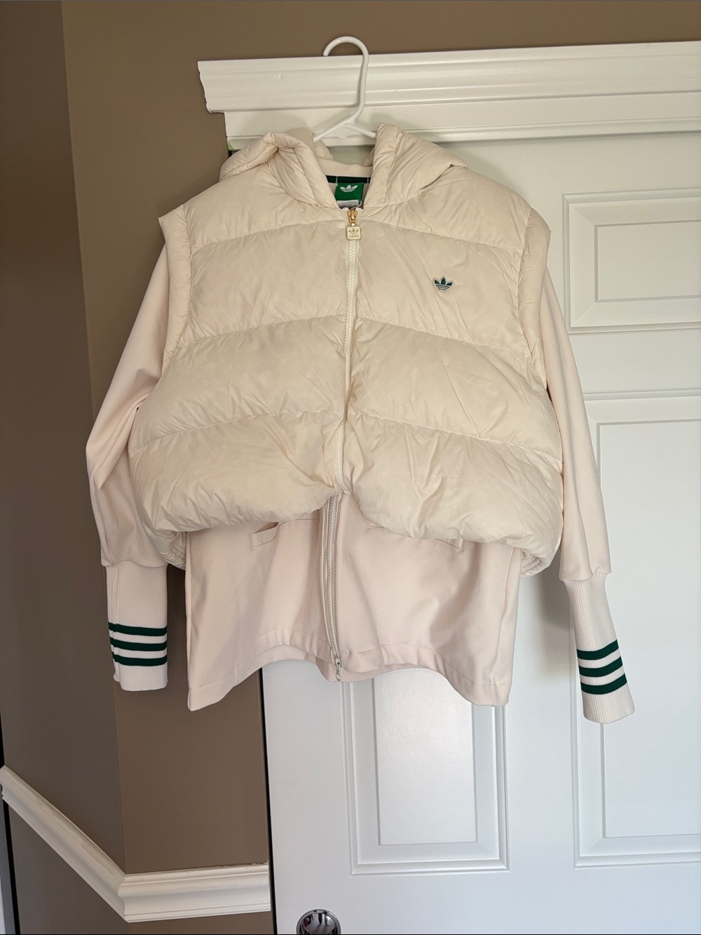 adidas ladies Cream Hooded Puffer Vest with Soft Zip Hoodie as an under jacket